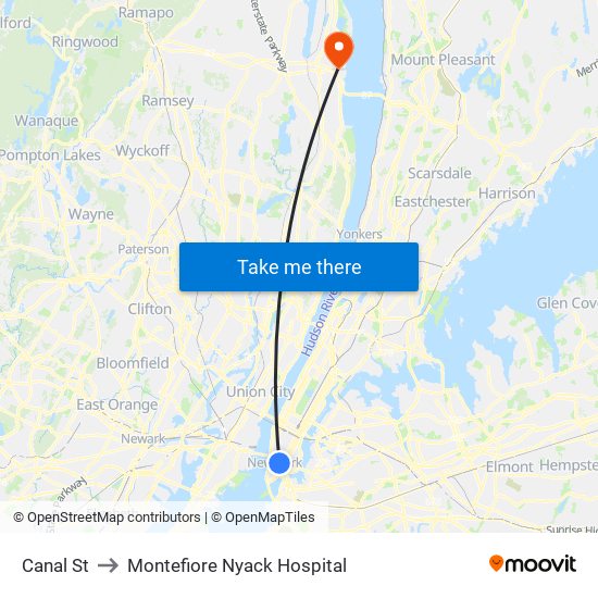 Canal St to Montefiore Nyack Hospital map