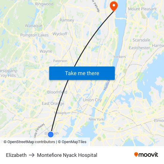 Elizabeth to Montefiore Nyack Hospital map