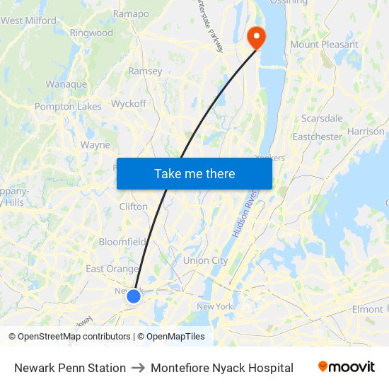 Newark Penn Station to Montefiore Nyack Hospital map