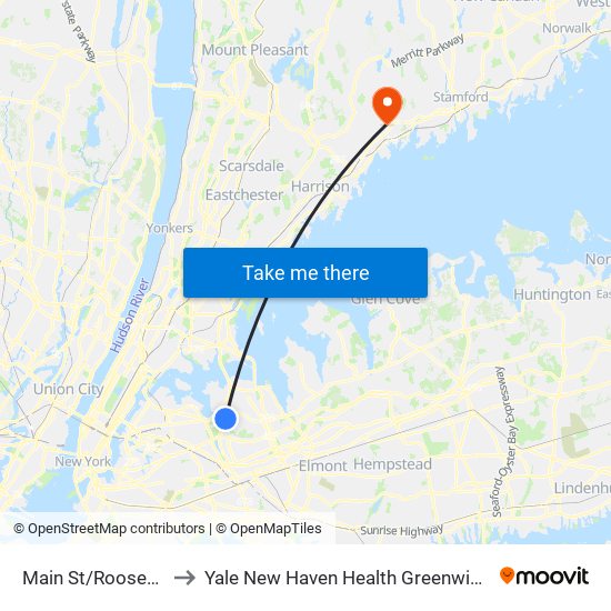 Main St/Roosevelt Av to Yale New Haven Health Greenwich Hospital map