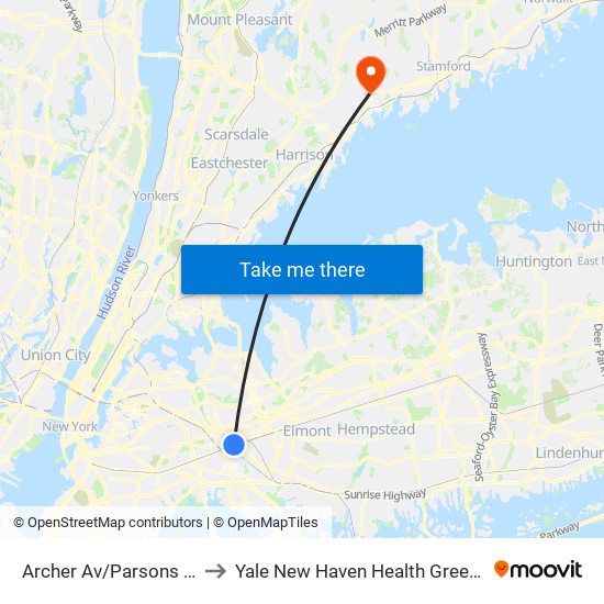 Archer Av/Parsons Blvd Bay D to Yale New Haven Health Greenwich Hospital map