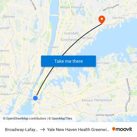 Broadway-Lafayette St to Yale New Haven Health Greenwich Hospital map