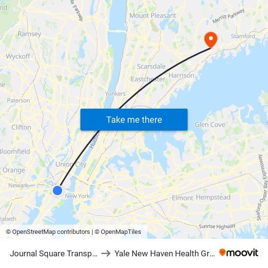 Journal Square Transportation Center to Yale New Haven Health Greenwich Hospital map