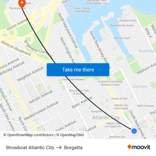 Showboat Atlantic City to Borgatta map