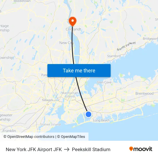 New York JFK Airport JFK to Peekskill Stadium map