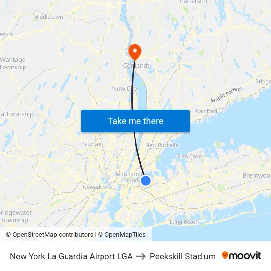 New York La Guardia Airport LGA to Peekskill Stadium map