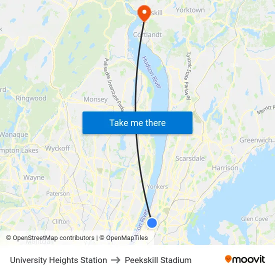 University Heights Station to Peekskill Stadium map