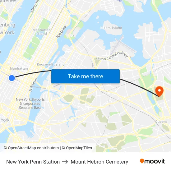 New York Penn Station to Mount Hebron Cemetery map