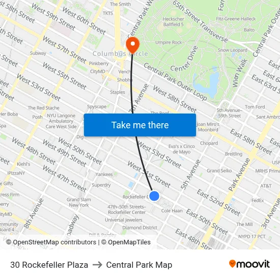 30 Rockefeller Plaza to Central Park Map map