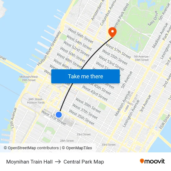Moynihan Train Hall to Central Park Map map
