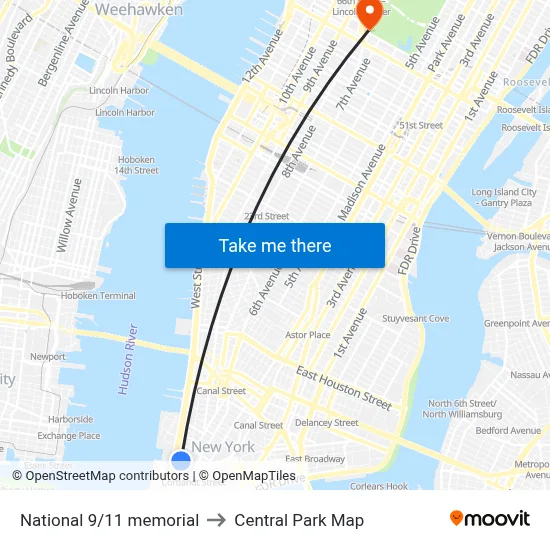 National 9/11 memorial to Central Park Map map