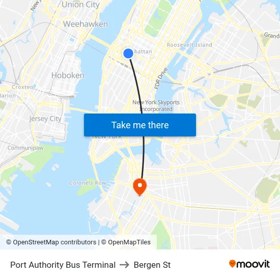Port Authority Bus Terminal to Bergen St map