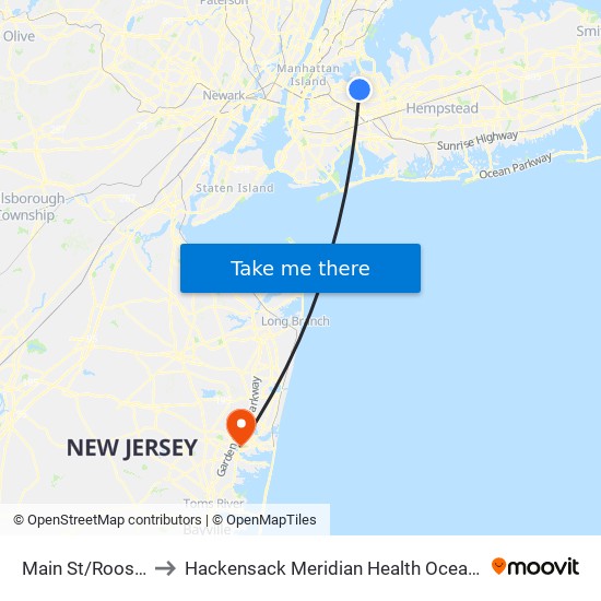 Main St/Roosevelt Av to Hackensack Meridian Health Ocean Medical Center map