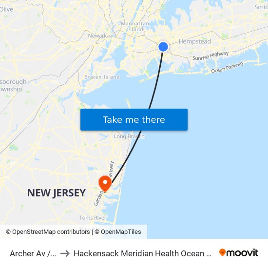 Archer Av/Parsons Blvd Bay D to Hackensack Meridian Health Ocean Medical Center map