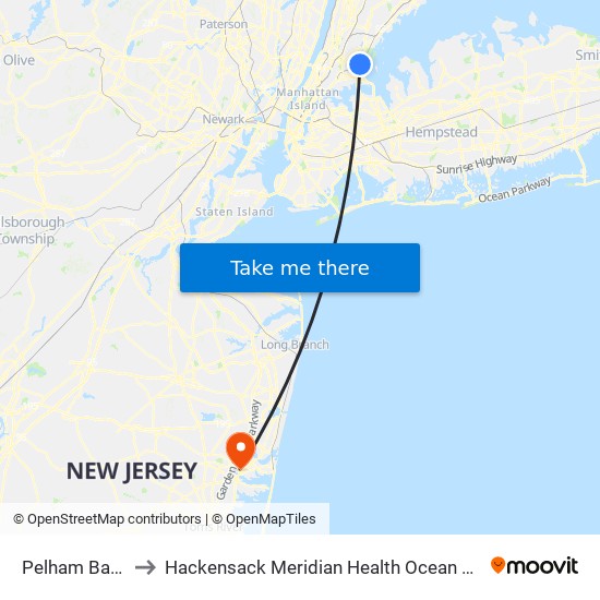 Pelham Bay Park to Hackensack Meridian Health Ocean Medical Center map