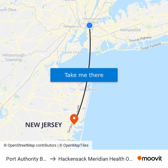 Port Authority Bus Terminal to Hackensack Meridian Health Ocean Medical Center map