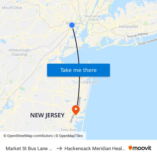 Market St Bus Lane at Raymond Plaza W to Hackensack Meridian Health Ocean Medical Center map