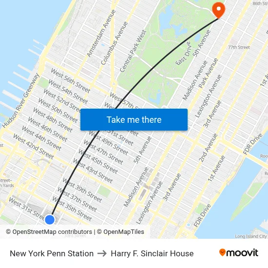 New York Penn Station to Harry F. Sinclair House map