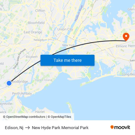 Edison, Nj to New Hyde Park Memorial Park map