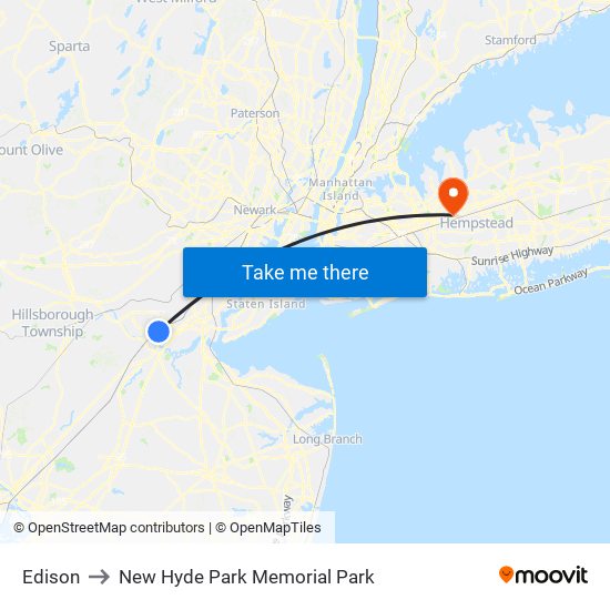 Edison to New Hyde Park Memorial Park map