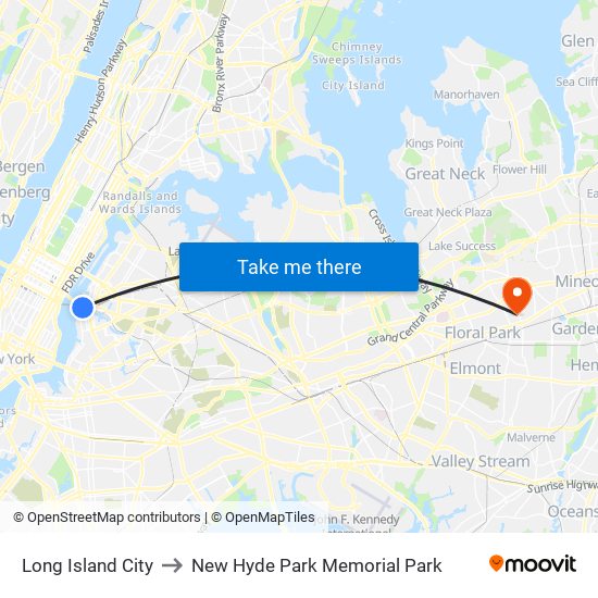 Long Island City to New Hyde Park Memorial Park map