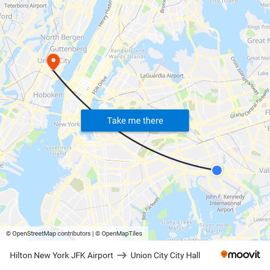 Hilton New York JFK Airport to Union City City Hall map