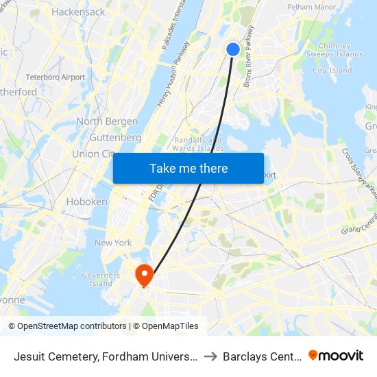 Jesuit Cemetery, Fordham University to Barclays Center map