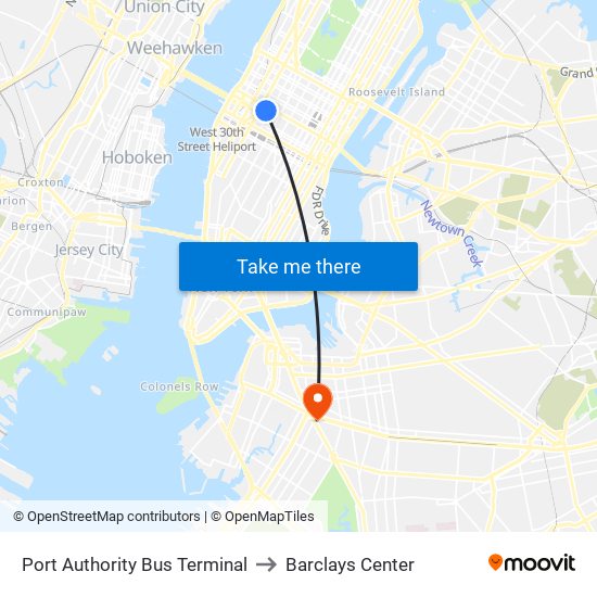 Port Authority Bus Terminal to Barclays Center map