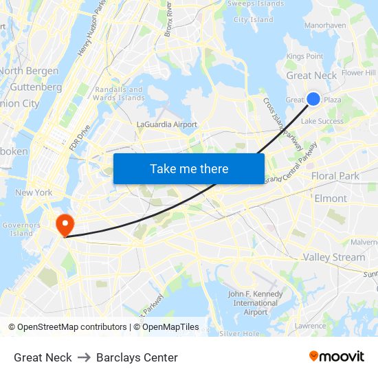Great Neck to Barclays Center map