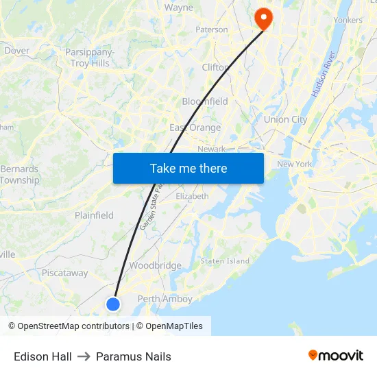 Edison Hall to Paramus Nails map