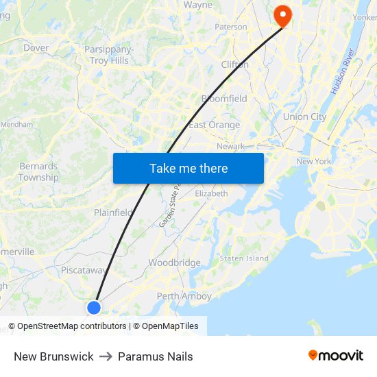 New Brunswick to Paramus Nails map