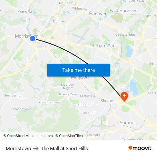 Morristown to The Mall at Short Hills map