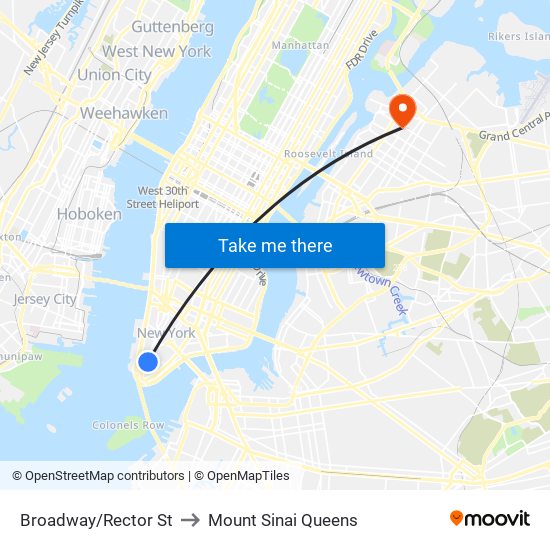 Broadway/Rector St to Mount Sinai Queens map