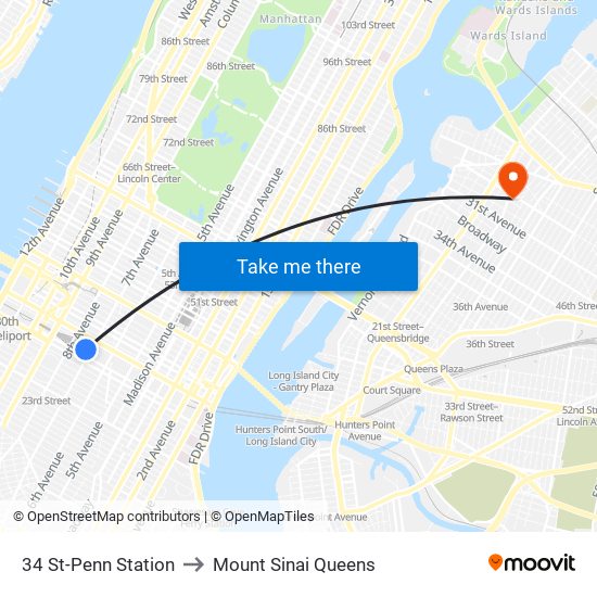 34 St-Penn Station to Mount Sinai Queens map