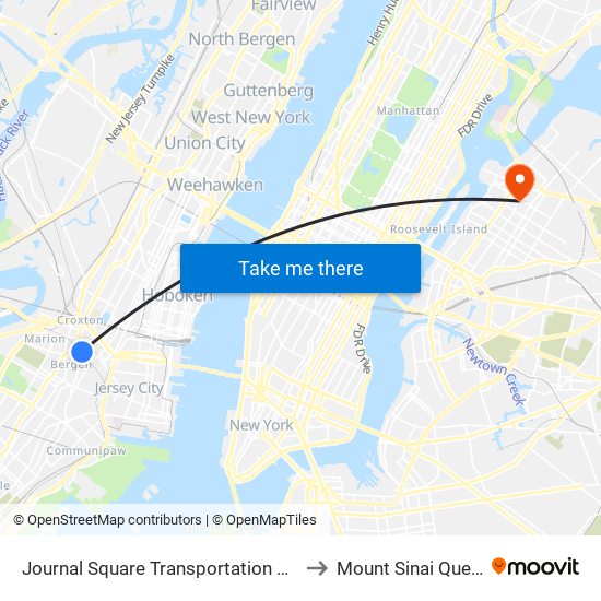 Journal Square Transportation Center to Mount Sinai Queens map