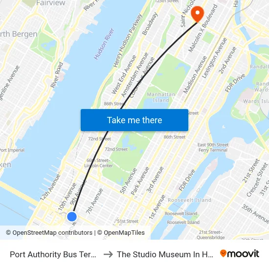 Port Authority Bus Terminal to The Studio Museum In Harlem map