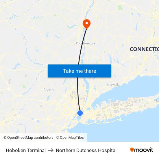 Hoboken Terminal to Northern Dutchess Hospital map