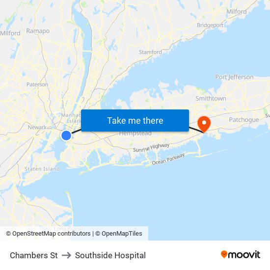 Chambers St to Southside Hospital map