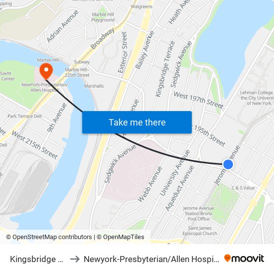 Kingsbridge Rd to Newyork-Presbyterian / Allen Hospital map
