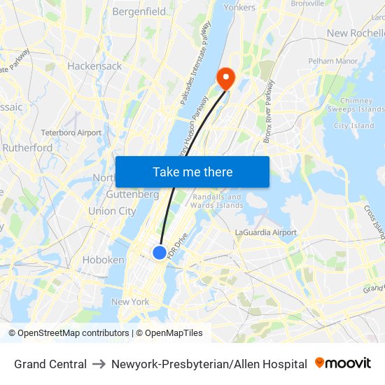 Grand Central to Newyork-Presbyterian / Allen Hospital map