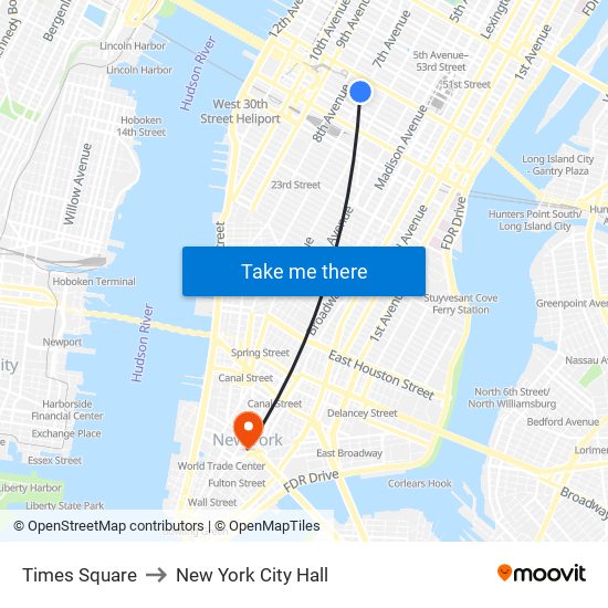 Times Square to New York City Hall map