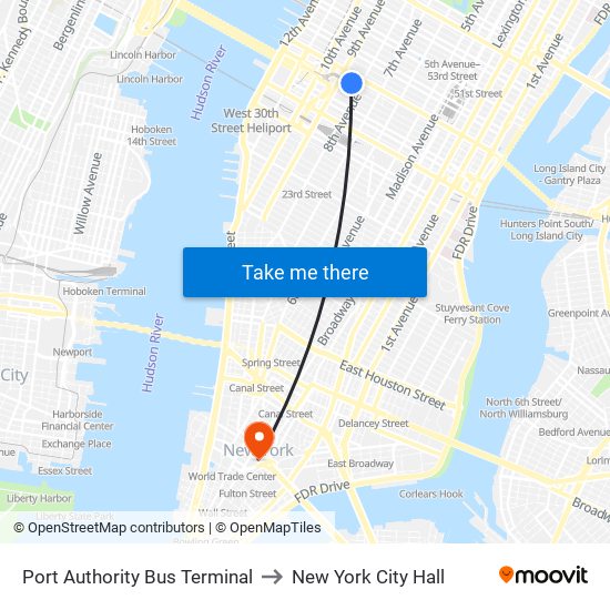 Port Authority Bus Terminal to New York City Hall map