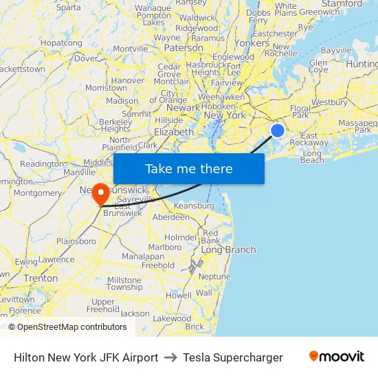 Hilton New York JFK Airport to Tesla Supercharger map