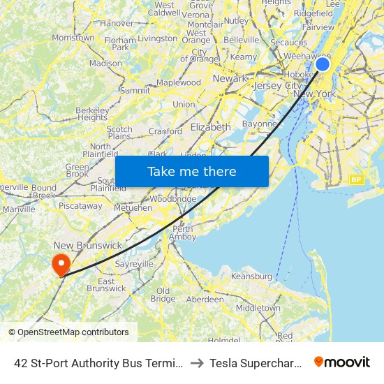 42 St-Port Authority Bus Terminal to Tesla Supercharger map