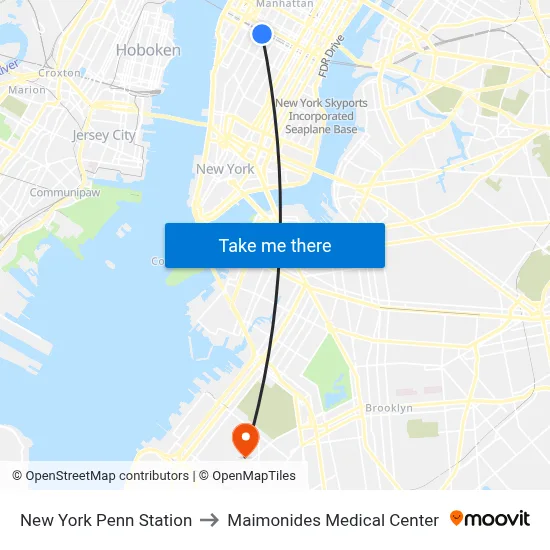 New York Penn Station to Maimonides Medical Center map