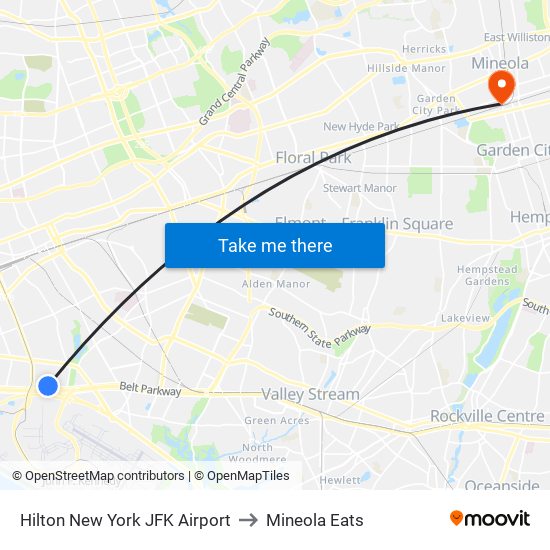 Hilton New York JFK Airport to Mineola Eats map