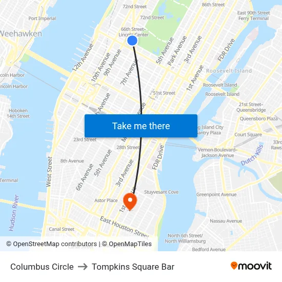 Columbus Circle to Tompkins Square Bar map