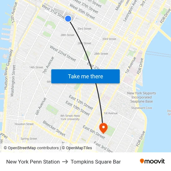 New York Penn Station to Tompkins Square Bar map