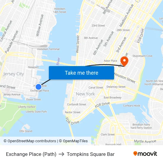Exchange Place (Path) to Tompkins Square Bar map