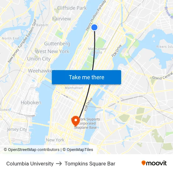 Columbia University to Tompkins Square Bar map